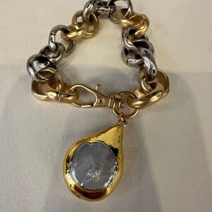 Gold and Silver Chunky Chain Bracelet with Teardrop Charm